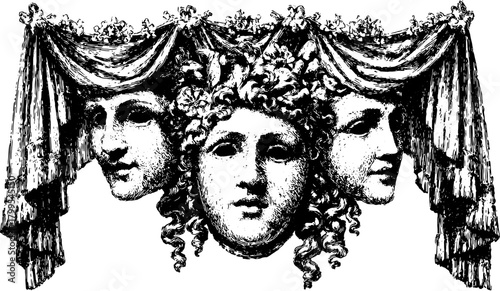 Vintage facial ornament featuring three heads in a decorative garland style. This black and white vector illustration showcases intricate design details.