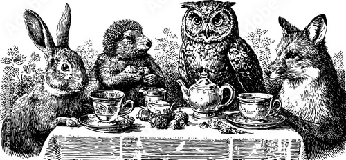 Vintage illustration featuring animals at a tea table: rabbit, owl, fox, and hedgehog. A decorative set with cups and a teapot; vector illustration.