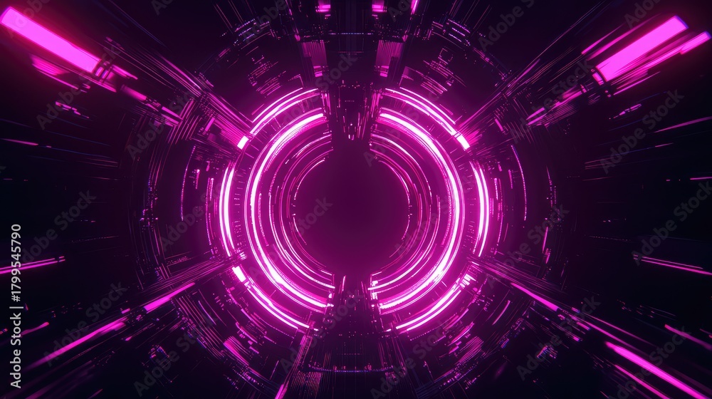 Fototapeta premium Futuristic tunnel traveling with glowing pink light rings