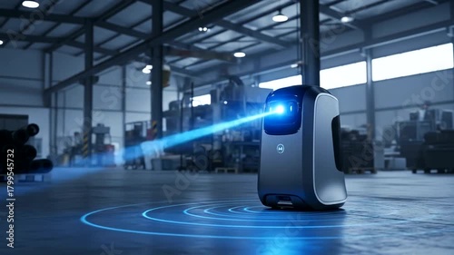 Advanced Robotic Scanner Utilizes Laser Technology in Industrial Warehouse Setting.