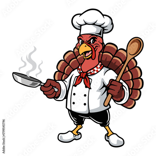 cartoon turkey dressed as a chef holding a frying pan and wooden spoon, cooking a delicious meal for Thanksgiving illustration