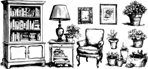Silhouette of vintage furniture, including a bookcase, lamp, chair, and plants in pots. This hand-drawn vector illustration features detailed outlines.
