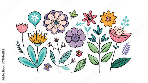 Collection of Hand Drawn Flowers and Leaves in Various Colors and Styles Keywords: floral, flowers, leaves, botanical, nature, spring, summer