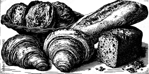 Vintage engraving of a set of bread and pastries. Hand-drawn black outline vector illustration showcasing a croissant and other baked goods.