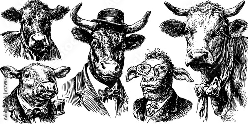 Vintage engraving set of cows featuring whimsical, anthropomorphic characters in suits and hats. This humorous black and white vector illustration showcases rural life.