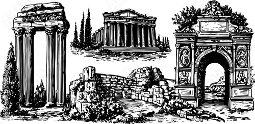 Ancient architecture featuring ruins and columns in a vector illustration. This detailed set captures classical historical significance.