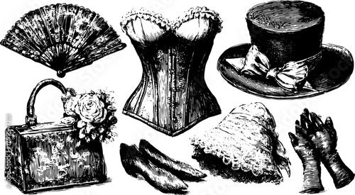 Vintage fashion accessories set: gloves, corset, fan, hat, bag, and shoes illustrated in black and white. Classic vector illustration with detailed elements.