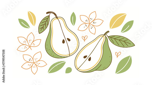 Hand Drawn Green Pear Halves and Flowers with Leaves on White Background fruit halved