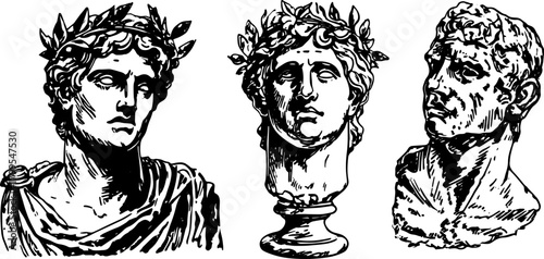 Engravings of antique busts set in hand-drawn style. Vector illustrations showcasing intricate details of classical sculpture heads.