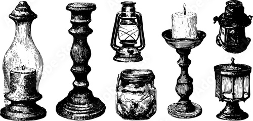 Vintage engraving of lanterns and candlesticks. Hand-drawn illustrations of various light sources in black outline vector.