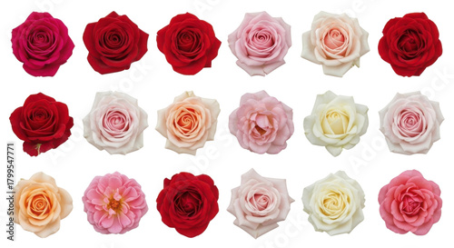 Collection of various colorful rose flower heads isolated on white background
