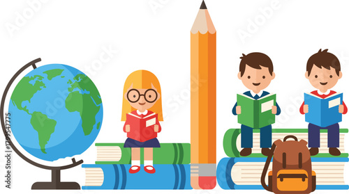 Global Education Vector Illustration, Featuring School Children Reading Books on a Stack of Textbooks, Next to a Giant Pencil and Earth Globe Symbolizing Knowledge.