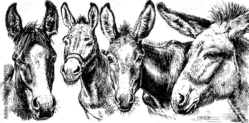 Vintage illustrations of donkeys in a hand-drawn style. Black outline vector set showcasing detailed anatomy and traditional artwork.