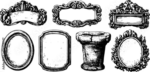 Decorative frames in various shapes and styles. Detailed vintage vector illustrations in a set for art and design applications.