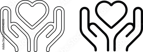 Heart in hand icons set. Hands holding outline heart icon. Love icon. Health, medicine symbol.