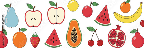 Horizontal Seamless Border of Mixed Summer Fruits, Including Apple, Watermelon, Banana, and Papaya, Ideal for Banners, Decoration, or Food Packaging Design.