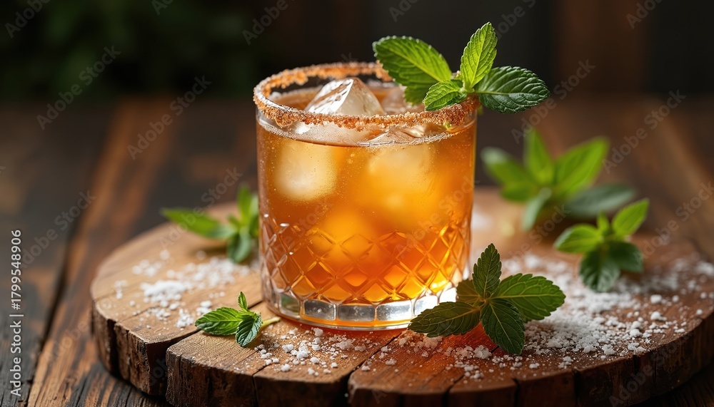 Fototapeta premium Amber cocktail with ice cubes and mint sprigs rests on rustic wood. Sugar rim adorns glass, creating a refreshing, elegant drink for any occasion. Perfect summer beverage.