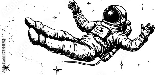Vintage astronaut floating in space. Black and white line drawing vector illustration capturing the essence of cosmic exploration.