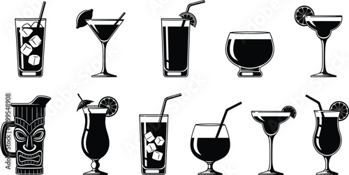Cocktail drink glass silhouette vector set, bar alcohol beverage icons, mixed tropical drinks collection for restaurant menu and lounge party design