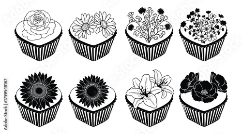 Eight Black and White Line Art Cupcakes with Floral Toppings dessert sweet