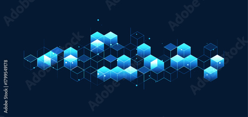 Technology background. Big data visualization concept. Information artificial neural network. Abstract geometric background with isometric. Digital cube isometric on blue background.