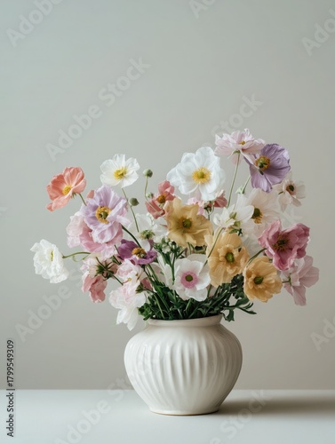 Pastel Colored Anemone Flowers Bouquet in White Textured Vase, Elegant Floral Still Life Ideal for Wallpaper, Poster, Home Decor and Artistic Compositions with Soft Neutral Background