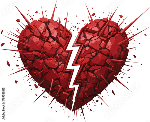 Cracked red heart with sharp spikes and lightning bolt broken