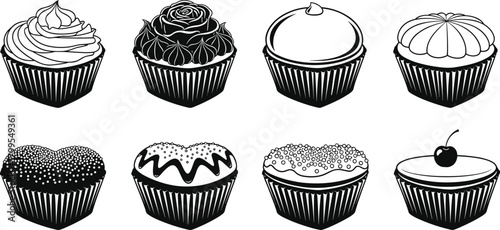 A set of delicious chocolate cakes, candies, and cupcakes with cream icing isolated on white