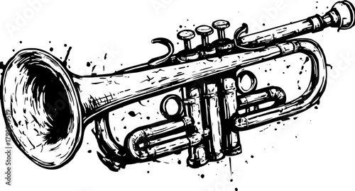 Trumpet instrument in line drawing style. Vintage design with black and white vector illustration set on a simple background.