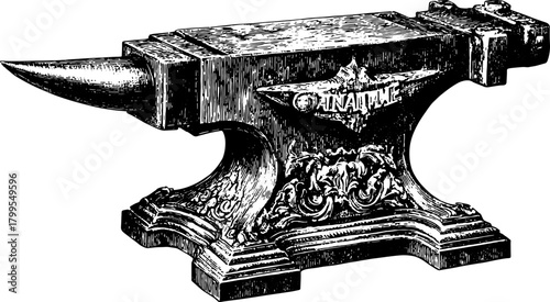 Antique anvil engraving in black line drawing style. Detailed vector illustration showcasing craftsmanship and vintage design.
