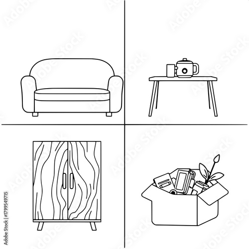 “Create a clean flat-design illustration divided into four quadrants. Show a rounded modern sofa in the upper left, a small table with a rice cooker and mug in the upper right, a wooden-patterned cabi