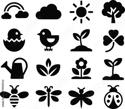 Nature, spring, and environment  icons set. Plants, Insects, and Weather Symbols.