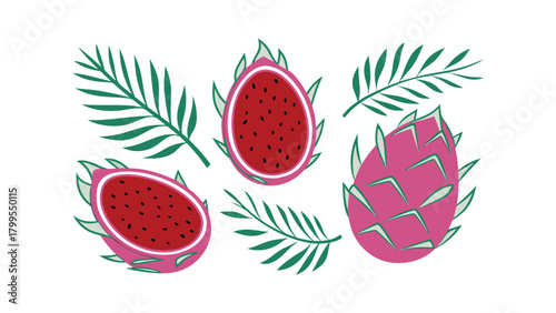 Pink Dragon Fruit Halves and Whole Fruit with Green Palm Leaves pitaya tropical fruit