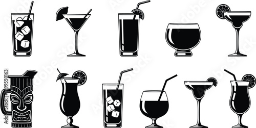 Cocktail drink glass silhouette vector set, bar alcohol beverage icons, mixed drinks collection for restaurant menu, lounge party design