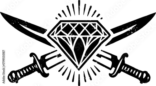 Vintage diamond and sword engraving with line drawing outline. A unique graphic design in vector illustration set.