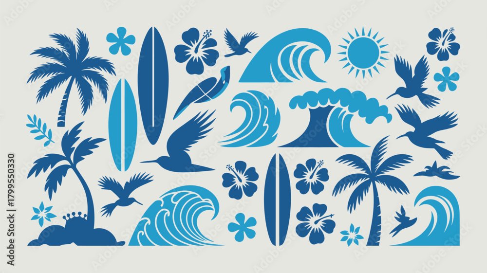 Obraz premium Collection of vintage-style blue icons depicting a tropical surfing paradise with waves, palm trees, and surfboards