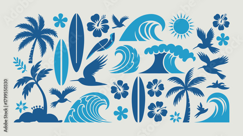 Collection of vintage-style blue icons depicting a tropical surfing paradise with waves, palm trees, and surfboards
