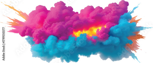 Abstract watercolor ink splashes suggesting a bright, colorful atmosphere of sky and fluffy cumulus clouds