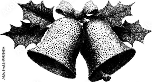 Vintage bell with holly and ribbon, in black and white style. Classic vector illustration suitable for festive designs and seasonal decorations.