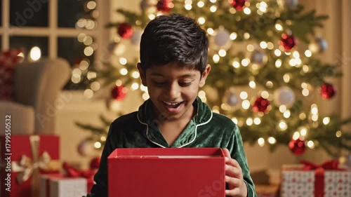 Joyful child opening Christmas gift behind decorated tree during holiday