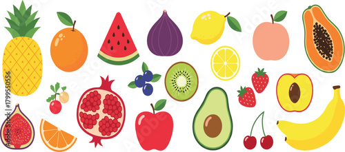 Large Collection of Colorful Summer Fruits Vector Illustration Set, Including Pineapple, Watermelon, Avocado, and Exotic Tropical Ingredients in Flat Design Style.