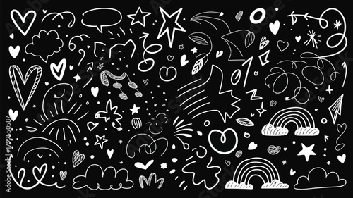 Hand-drawn doodle elements stars, hearts, clouds, speech bubbles, and rainbows for creative designs