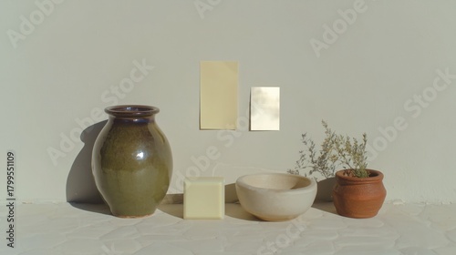 Minimalist Still Life with Green Ceramic Vase, Beige Bowl, Terracotta Plant Pot, Geometric Block and Paper Elements, Ideal for Wallpaper, Poster, Home Decor and Artistic Compositions