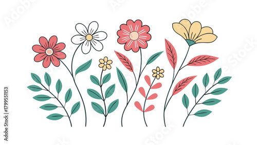 Simple Hand Drawn Flowers and Leaves in a Row on White Background Keywords: floral, flowers, leaves, botanical, nature, spring, summer, garden
