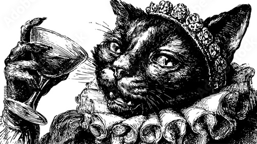 Vintage black cat illustration dressed in fashion holds a drink. This vector art features ornate details in an elegant style.