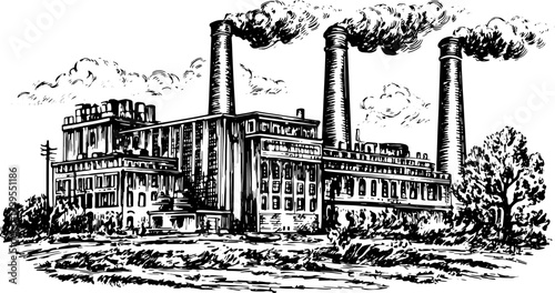 Factory building with tall chimneys emitting smoke. Detailed black and white vector illustration showcasing industrial structure.