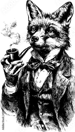 Fox portrait in vintage style, featuring a smoking pipe and bowtie. A detailed black and white vector illustration of a sophisticated character.