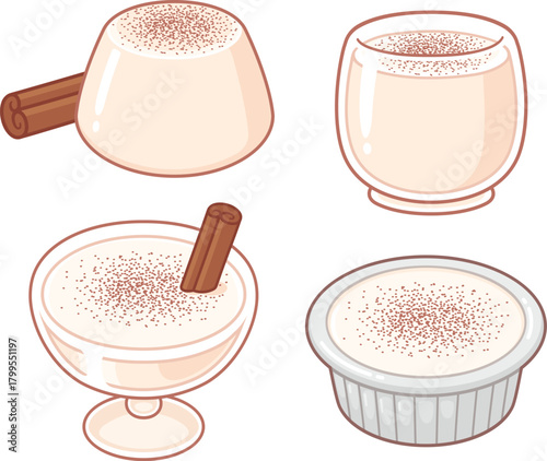 Tembleque dessert from Puerto Rico. Blancmange, manjar blanco, panna cotta, vanilla pudding with cinnamon. Vector clip art illustration.