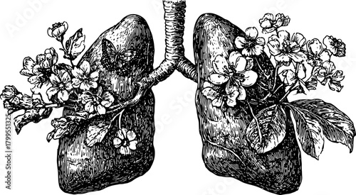 Lung illustration with flowers and a butterfly. A vintage outline drawing displayed in a detailed black and white vector style.