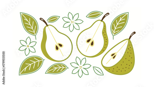 Stylized Green Pears Whole and Halved with Leaves and Flowers fruit slice